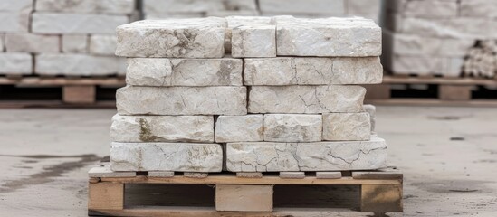 A photograph showcasing a stack of white marble blocks placed on a pallet outdoors.