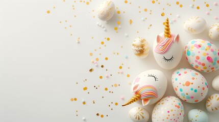 Easter eggs in the form of a unicorn, and with a gold pattern on a white background