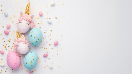Easter eggs in the form of a unicorn, and with a gold pattern on a white background - obrazy, fototapety, plakaty