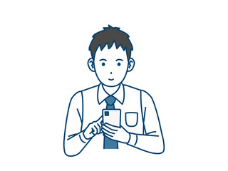 スマホを操作する若い会社員の男性のイラスト