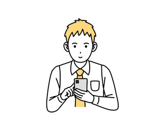 スマホを操作する若い会社員の男性のイラスト