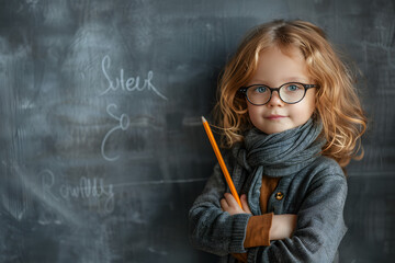 child with glasses standing at the chalkboard with a pencil