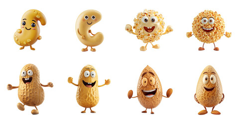 Set of eight cheerful animated snack characters with faces, including peanuts and popcorn, isolated on a transparent background, perfect for food-themed designs and advertising