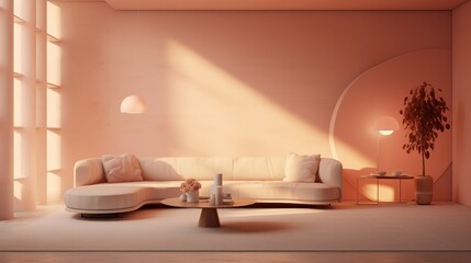 Fototapeta na wymiar The modern interior of the living room is decorated in peach tones. The design of the bright and spacious room is made in a velvety delicate shade of peach tone.