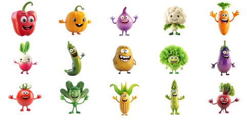 Collection of animated smiling vegetables with cute faces, isolated on a transparent background, ideal for educational concepts, healthy eating promotions, and children's nutrition - obrazy, fototapety, plakaty