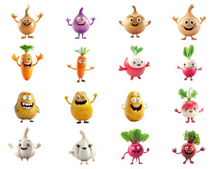 Set of assorted anthropomorphic cartoon vegetables with joyful expressions, isolated on a transparent background, ideal for educational content and healthy eating concepts