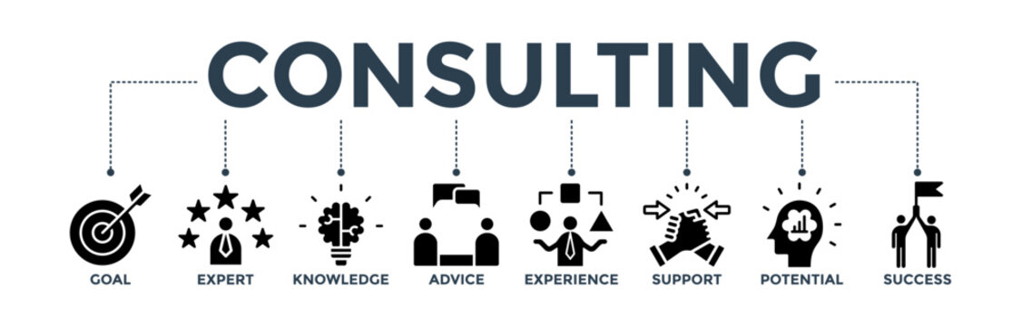 Consulting banner concept for business consultation with an icon of goals, expert, knowledge, advice, experience, support, potential, and success