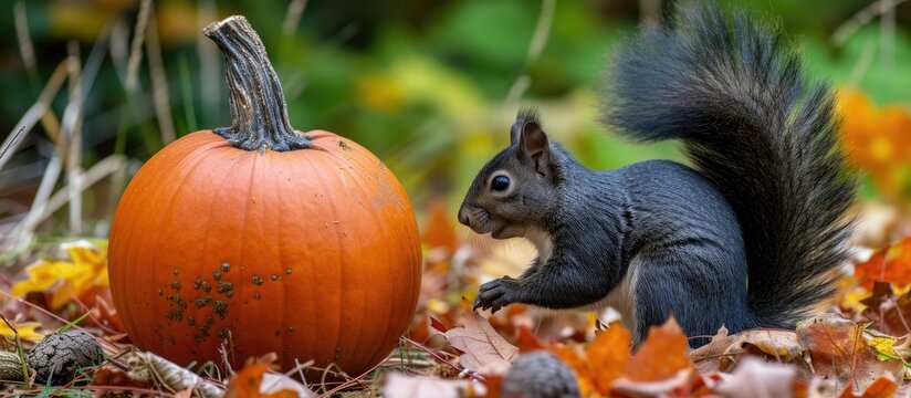 A cute black squirrel stands next to a big pumpkin on a cool autumn day.