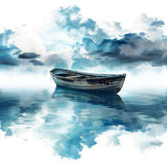 A boat floating on its own in the ocean on white and transparent background