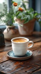 Fototapeta premium White ceramic cup hot aroma espresso, cappuccino, latte steam smoke on table morning breakfast drinking tasty drink cafeteria cafe restaurant caffeine beverage energy dinner, deep background