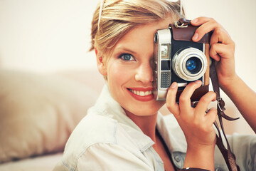 Portrait, woman and camera lens for retro, fashion and casual outfit for weekend getaway in Germany. Smile, female person and analog shutter for fashionable, clothing and photography on vacation