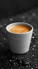 Fotobehang White ceramic cup hot aroma espresso, cappuccino, latte steam smoke on table morning breakfast drinking tasty drink cafeteria cafe restaurant caffeine beverage energy dinner, deep background © ND STOCK
