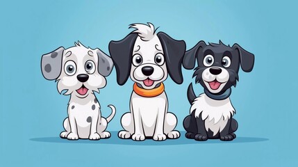 Set of three different cute dogs. Black and white colors. Colorful trendy Vector Illustration