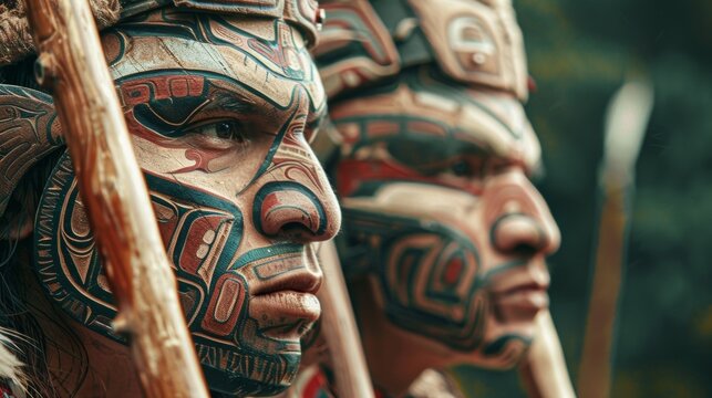Two Tlingit warriors are shown in profile gazing fiercely ahead and holding spears and axes as symbols of their ferocity in battle.