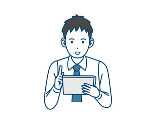 タブレットを操作する若い会社員の男性のイラスト