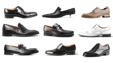 Men's shoes, showcasing different designs and textures on a clean white background.