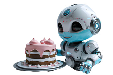A 3D animated cartoon render of a happy little robot chef baking a cake.