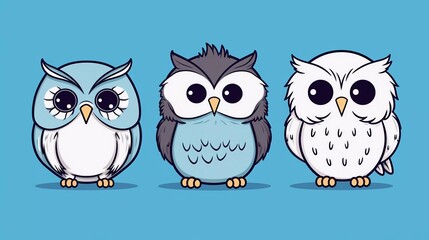 Set of three different cute owls. Black and white colors. Colorful trendy Vector Illustration