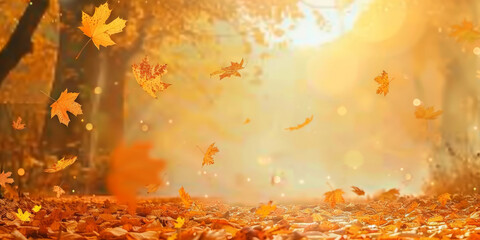 Naklejka na ściany i meble autumn leaves falling in the air in sunny day, summer background banner, summer leaves