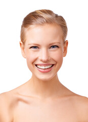 Happy woman, portrait and beauty with cosmetics for facial treatment or skincare on a white studio background. Face of young female person or model with smile in satisfaction for salon or dermatology