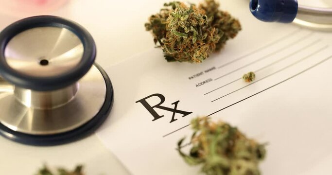 Stethoscope on sheet of medical prescriptions and dried flowers of marijuana buds