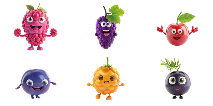 Collection of isolated cute cartoon berries, including raspberry, grape, apple, blueberry, blackberry, ideal for children's content or summer designs on a transparent background