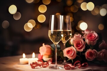 Two glasses of champagne on table with roses, champagne at celebration, champagne and roses on table