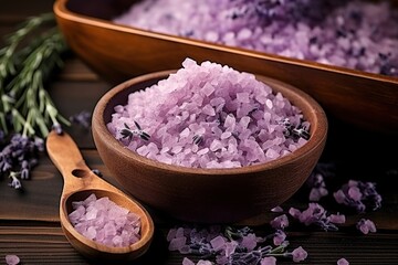 Fototapeta na wymiar Purple lavender salt bath and lavender, sea salt and lavender on the table, spa care, skin care, health