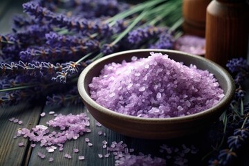 Purple lavender salt bath and lavender, sea salt and lavender on the table, spa care, skin care,...