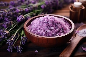 Fototapeta na wymiar Purple lavender salt bath and lavender, sea salt and lavender on the table, spa care, skin care, health