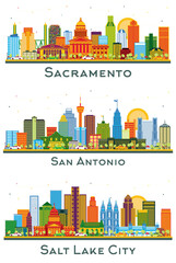 San Antonio Texas, Salt Lake City Utah and Sacramento USA city Skyline set with Color Buildings isolated on white. Cityscape with landmarks. - obrazy, fototapety, plakaty