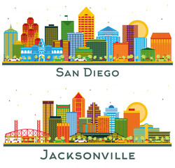 Obraz premium Jacksonville Florida and San Diego California city Skyline set with Color Buildings isolated on white. Cityscape with Landmarks.