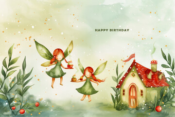 Obraz na płótnie Canvas Two green fairies flying with a cake. Watercolor Illustration. Holiday concept.
