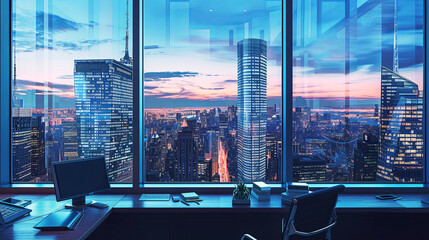Fototapeta na wymiar View from office window on modern city. Workspace illustration.