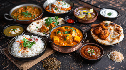 Assorted Indian cuisine on a dark wooden background, featuring dishes like curry, butter chicken, rice, lentils, paneer, samosa, naan, chutney, and spices. Presented in bowls and plates