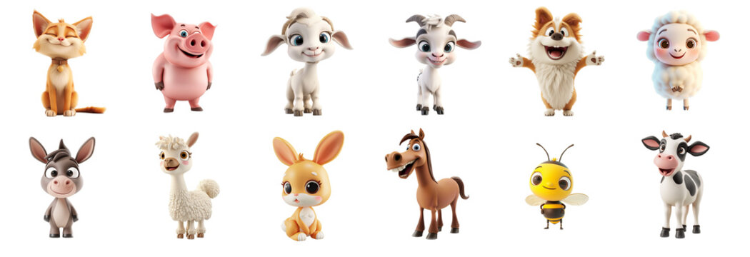 Collection of cute cartoon farm animals isolated on a transparent background, perfect for children's educational materials, storytelling, and festive decorations