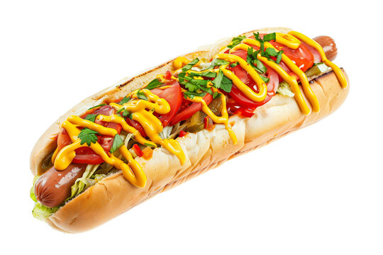 Gourmet hot dog with mustard, ketchup, fresh tomatoes, onions, and herbs isolated on a transparent background - ideal image for fast food concepts and menus