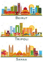 Fototapeta premium Tripoli Libya, Sanaa Yemen and Beirut Lebanon city Skyline set with Color Buildings isolated on white. Cityscape with Landmarks.