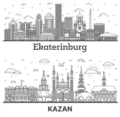Outline Kazan and Yekaterinburg Russia City Skyline set with Modern Buildings Isolated on White. Cityscape with Landmarks.