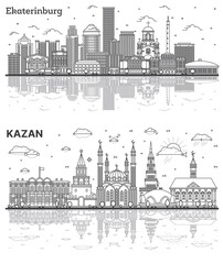Outline Kazan and Yekaterinburg Russia City Skyline set with Modern Buildings and Reflections Isolated on White. Cityscape with Landmarks.