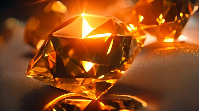 Golden Gemstones with Brilliant Facets on Dark Surface with AI generated.
