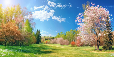 beautiful spring day panorama background,landscape  Meadow with blue sky and green grass, blossoming cherry trees, white and pink spring daisy flowers  ,banner 