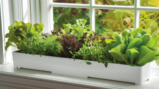 A zoomedin image of a window box filled with a vibrant mix of herbs and leafy greens. The box sits on a windowsill making use of vertical space and providing easy access for