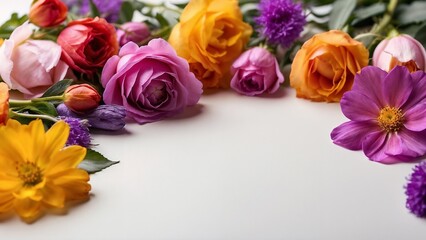 Colorful Flowers on White Board, Leaving a Space for Text Suitable to be Used in Gift Cards Designs for Flowers Shops.