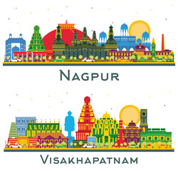 Visakhapatnam and Nagpur India City Skyline set with Color Buildings isolated on white. Business Travel and Tourism Concept with Historic Architecture. Cityscape with Landmarks.
