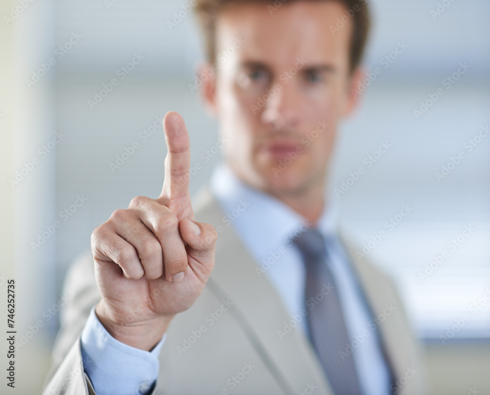 Aufkleber Future, press or hand of businessman with hologram or overlay for technology for growth statistics. 3d ui, finger or entrepreneur with touchscreen for digital ux, database or enterprise information