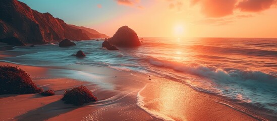 A vibrant image capturing the moment as the sun sets over the ocean, creating a stunning display of colors on the beach.
