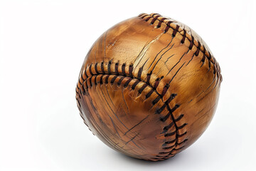 Close up of a well-worn baseball, with its aged and discolored leather surface, visible scratches, isolated on white background