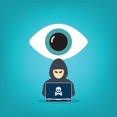 Hacker watching your every move on web. Hacker with laptop computer stealing confidential data, personal information and credit card detail. Hacking concept.	