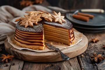 German wooden cake Baumkuchen and unique, luxurious roll cake.  generative ai